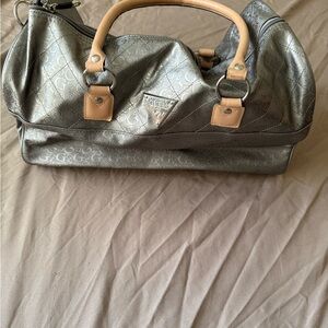 GUESS Metallic Silver Satchel with Tan Accents